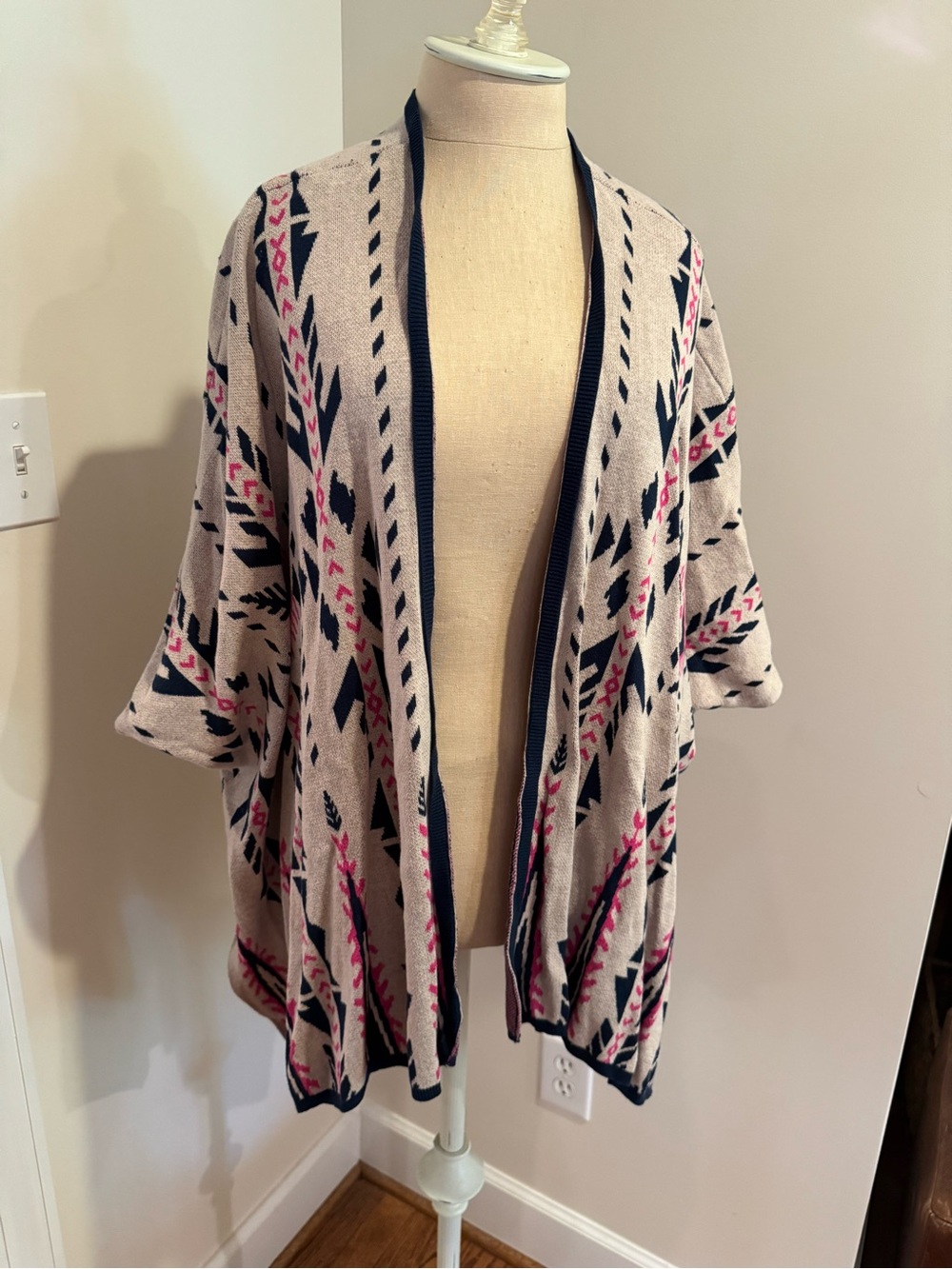 Aztec Pattern Open Front Cardigan - Beige, Navy & Pink